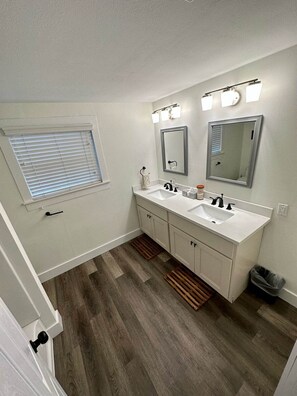 Hair dryer, towels, soap, shampoo