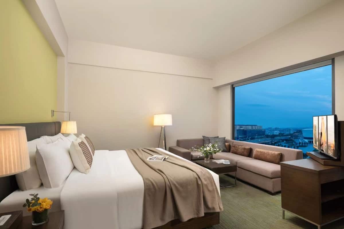 A hotel room with a bed, a sofa, a TV, and a large window with a city view.