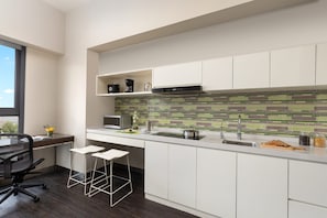 Fridge, microwave, coffee/tea maker, electric kettle