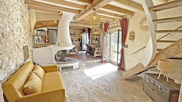 Télévision, cheminée, livres