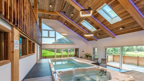 Un vaste espace intérieur abritant une piscine, avec des poutres en bois et des puits de lumière, ainsi que de grandes fenêtres offrant une vue sur l’extérieur.