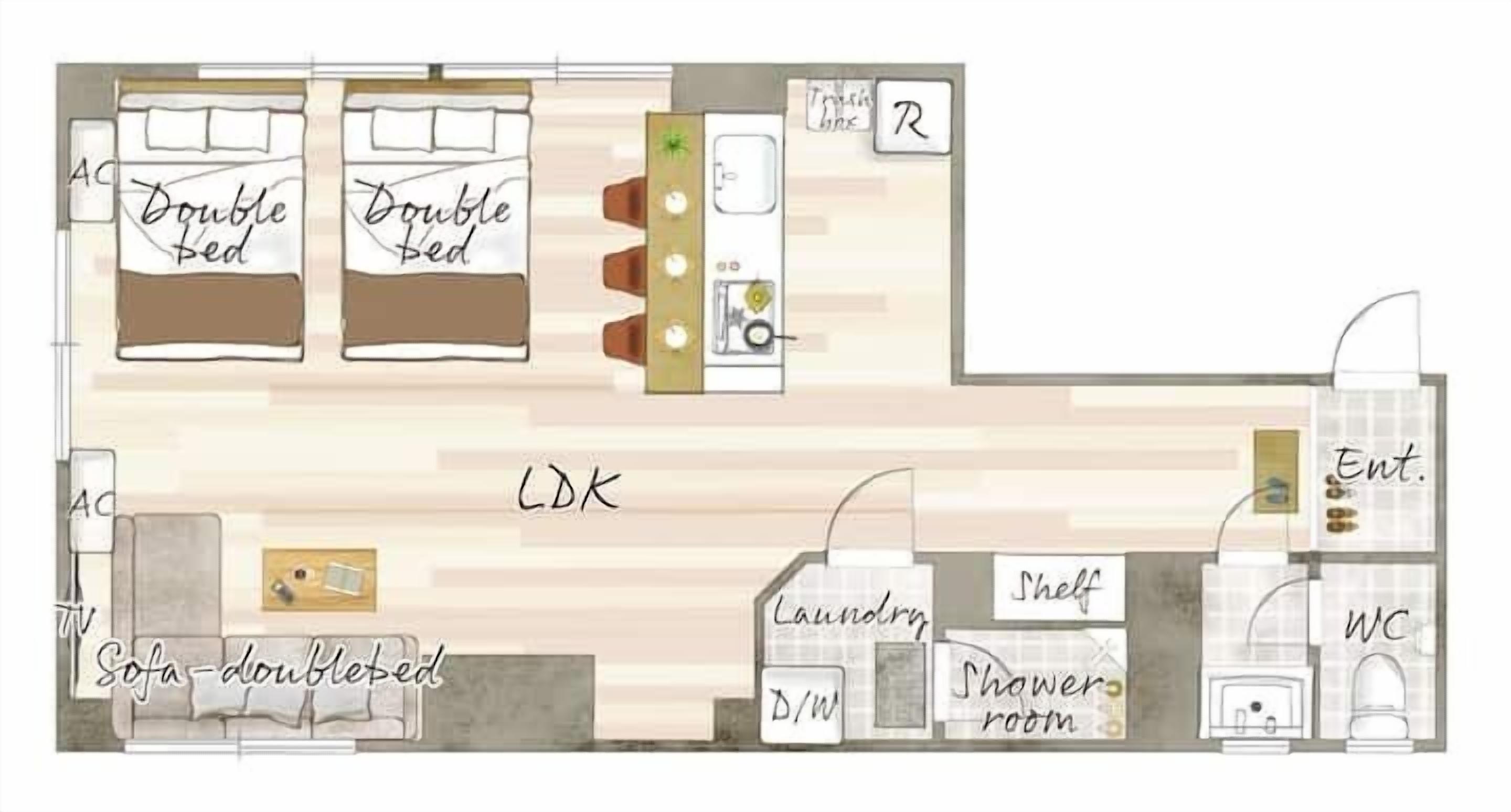 En plantegning af et hotelværelse med en dobbeltseng, en sofa, der kan gøres om til dobbeltseng, badeværelse med brusekabine, vaskerum og et køkken.
