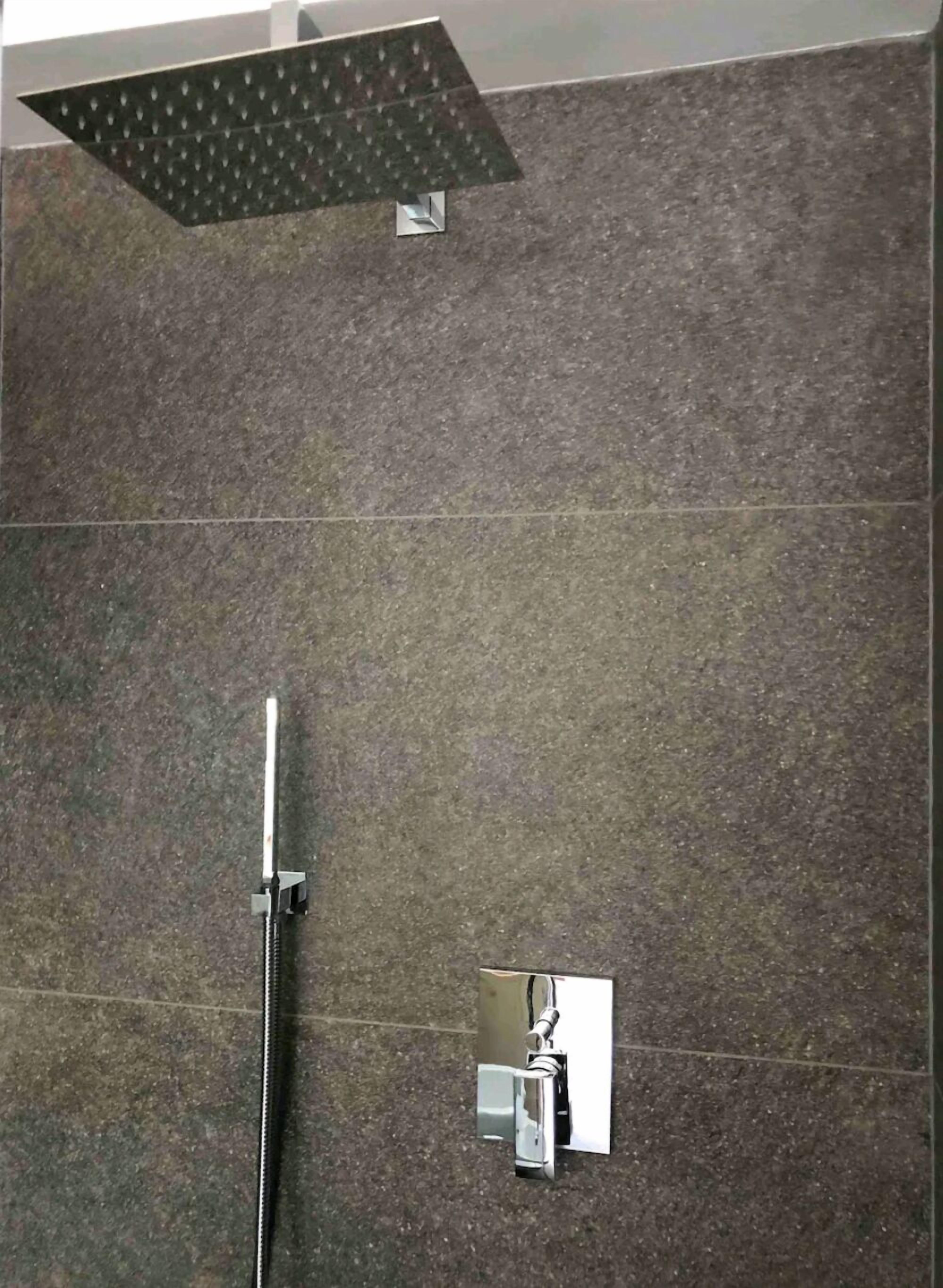 Un espacio de ducha con un cabezal de ducha tipo lluvia y otro cabezal de ducha manual fijado a la pared.