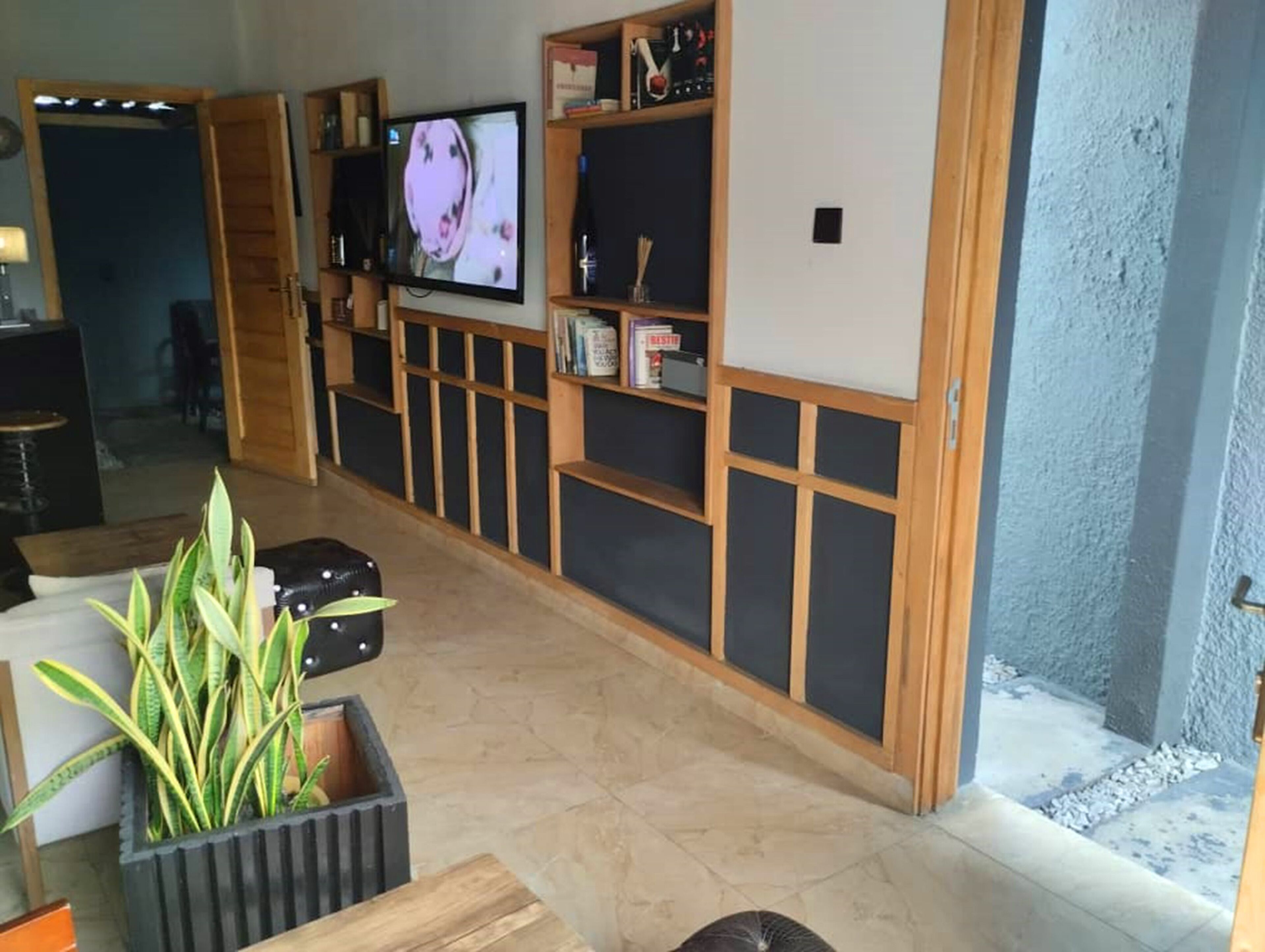 A living room with a TV, wooden shelves, a plant, and a door leading to another room.