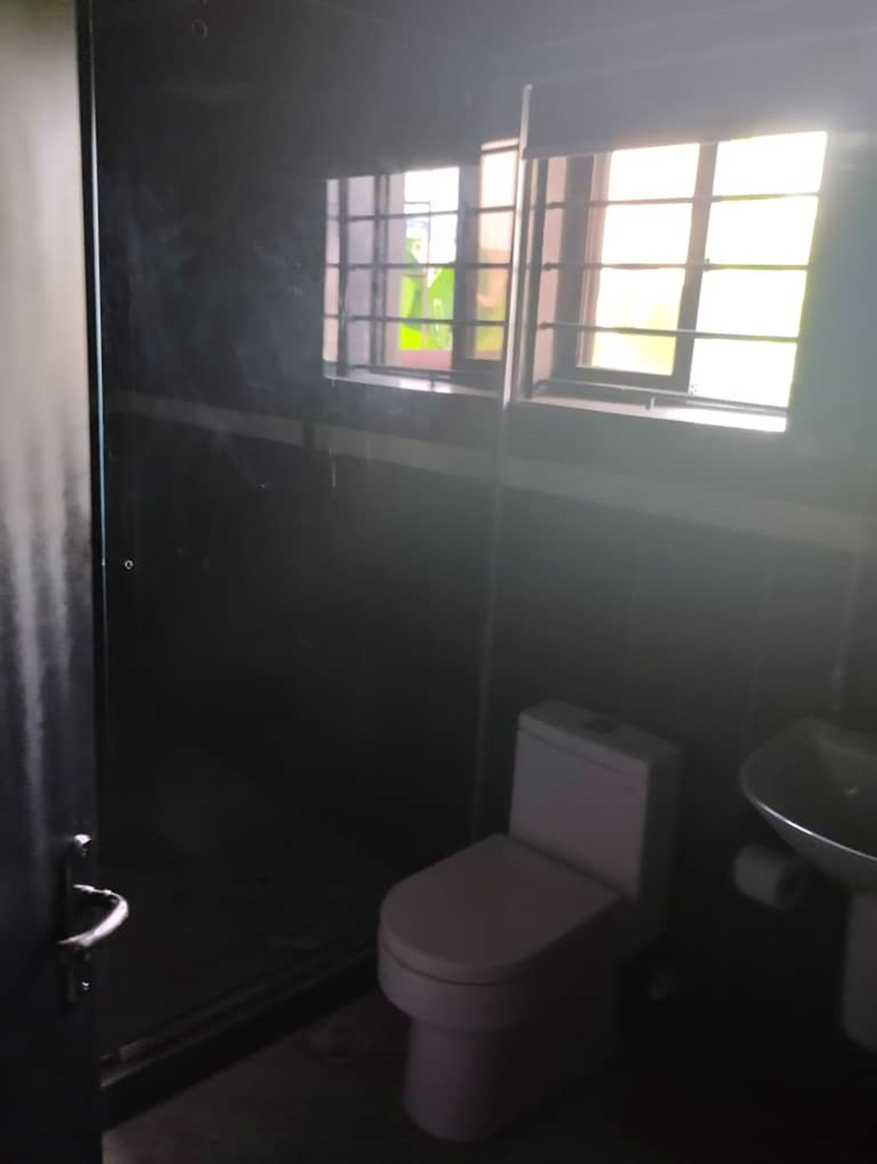 Une petite salle de bain peu éclairée, avec des toilettes et un lavabo.