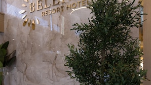 A reception area with a marble wall, a bench, and a potted tree. - Belenli Resort Hotel  (Serik)