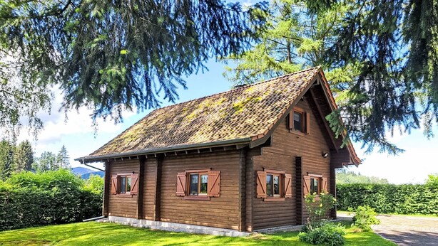 Une cabane en bois dotée d’un toit en pente, entourée d’une végétation luxuriante et d’arbres.