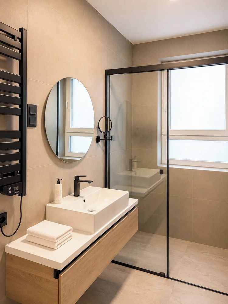 A modern bathroom with a glass shower enclosure, a round mirror, and a wooden vanity with a white sink.