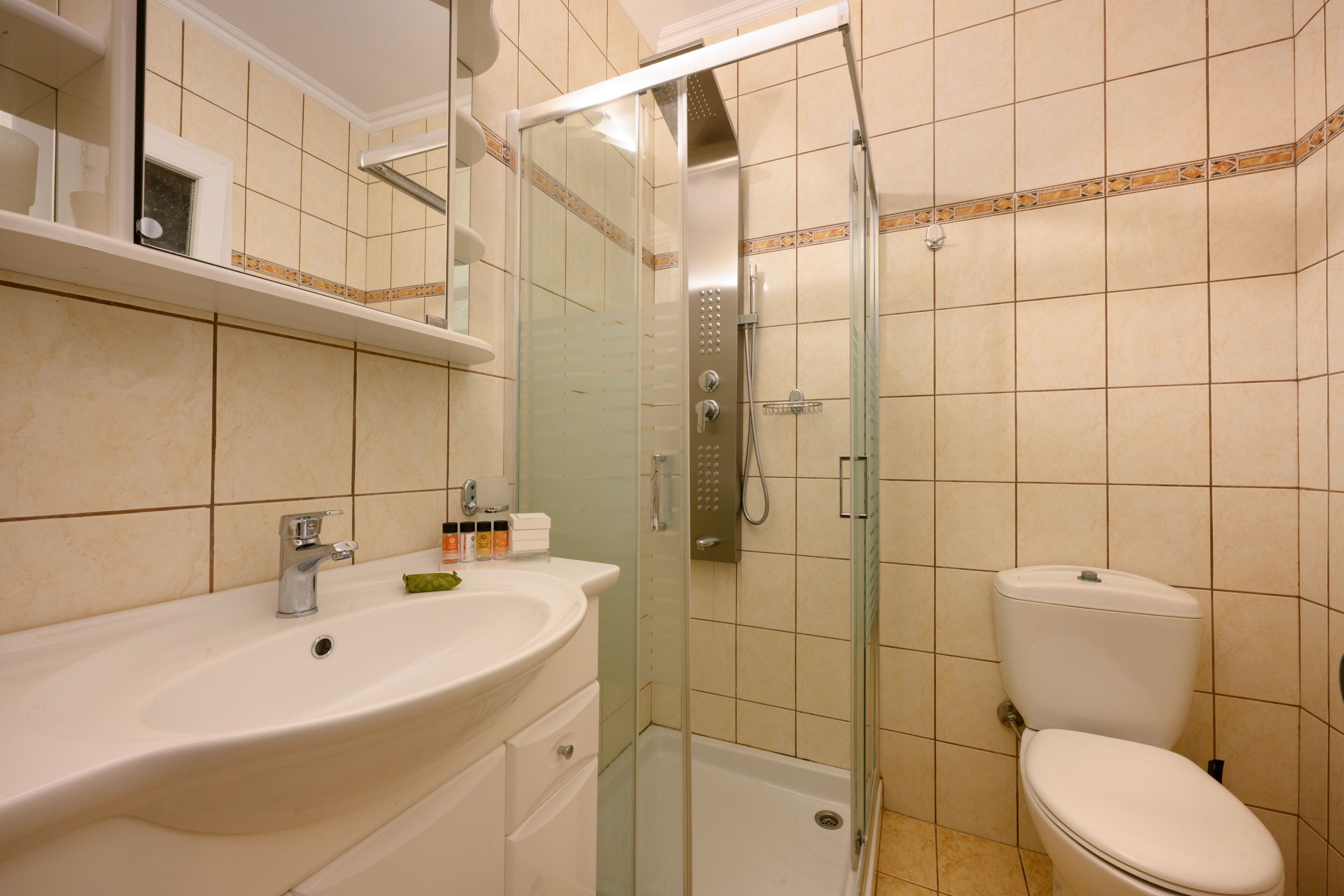 Een badkamer met een douchecabine van glas, een witte wastafel en een toilet.