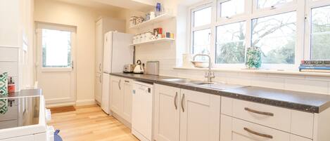 Fridge, dishwasher, electric kettle, toaster