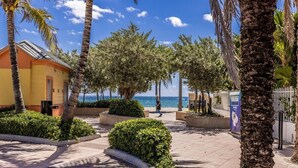 A paved walkway lined with palm trees and shrubs, leading to a building with a yellow facade and a view of the sea.