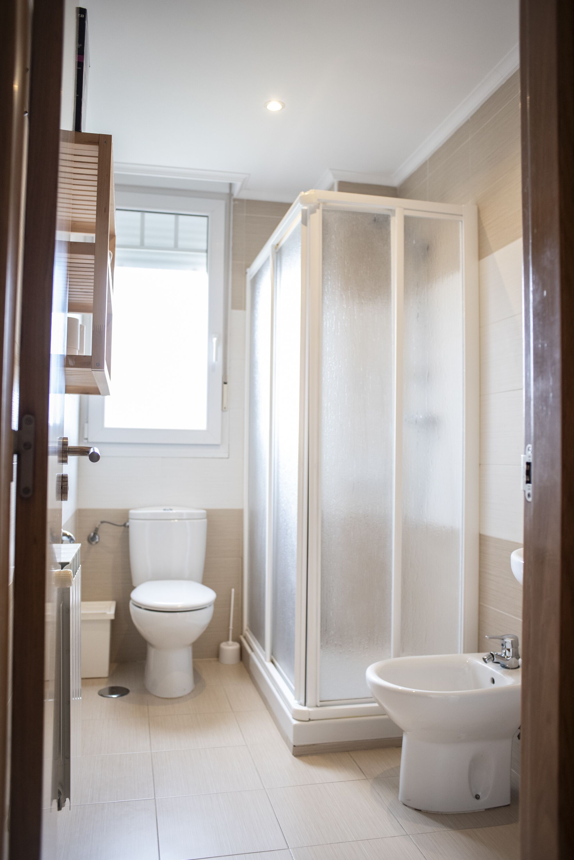 Chuveiro, secador de cabelo, toalhas de banho, shampoo