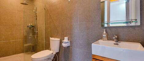 A modern bathroom with a glass shower enclosure, a toilet, a sink with a mirror above it, and a wooden vanity.