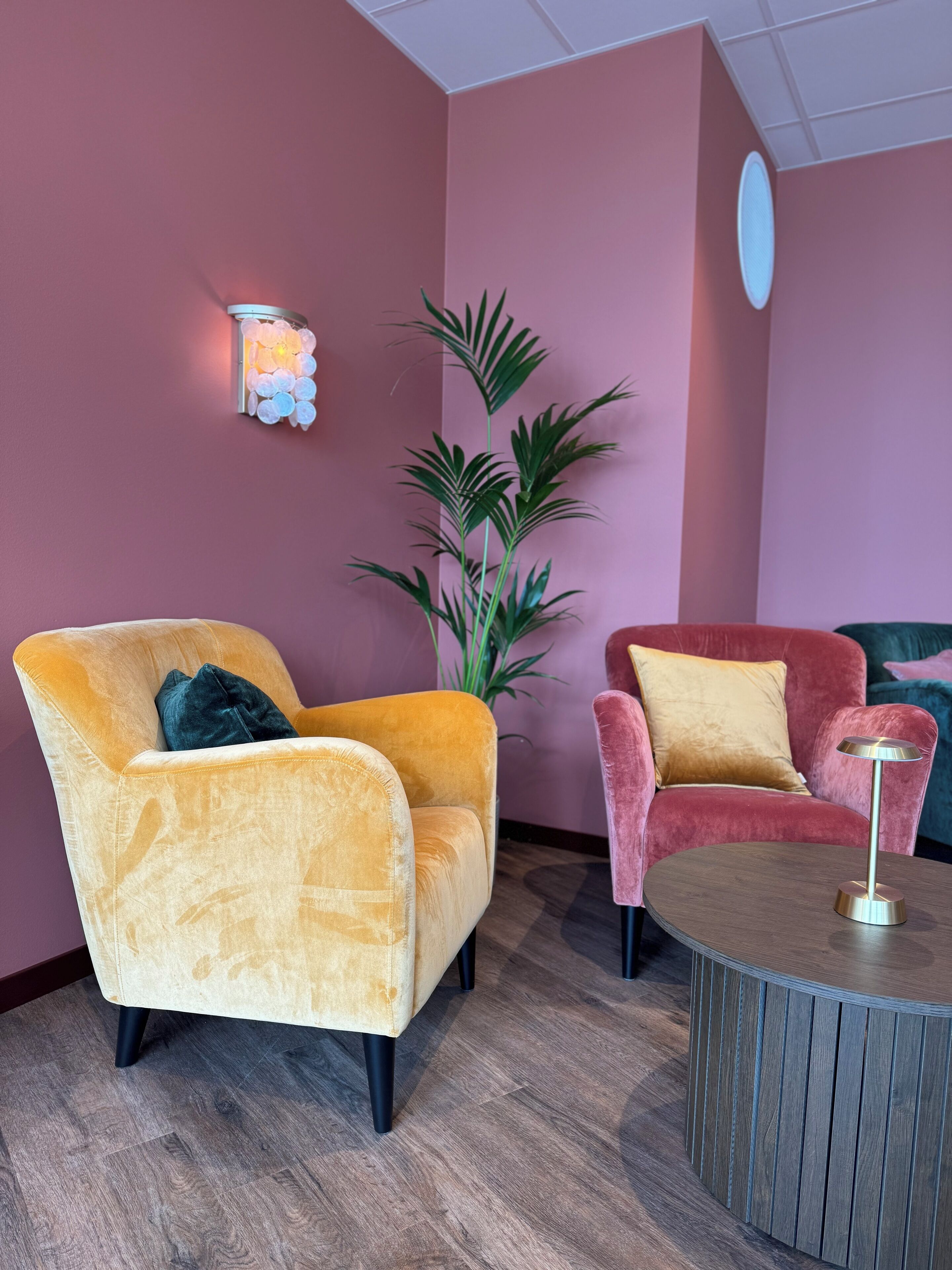 Een kamer met twee fauteuils, een ronde tafel, een kamerplant en een wandlamp.