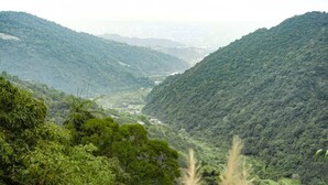 Une vallée bordée de collines densément boisées.