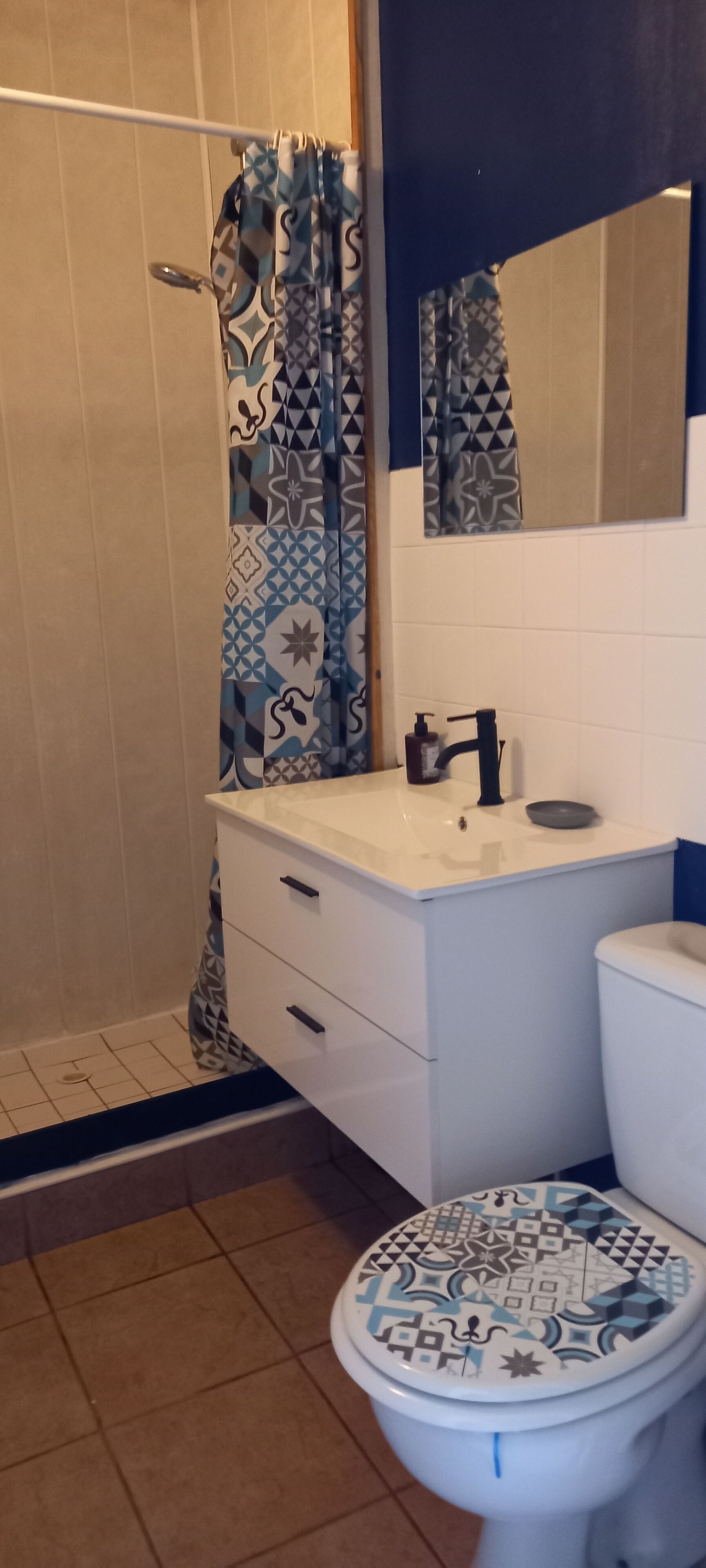 A bathroom with a shower, a toilet, a sink, and a mirror.