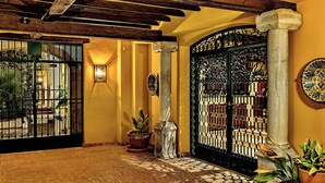 Uma entrada tradicional com portão de ferro forjado, piso de azulejos e um vaso de planta.