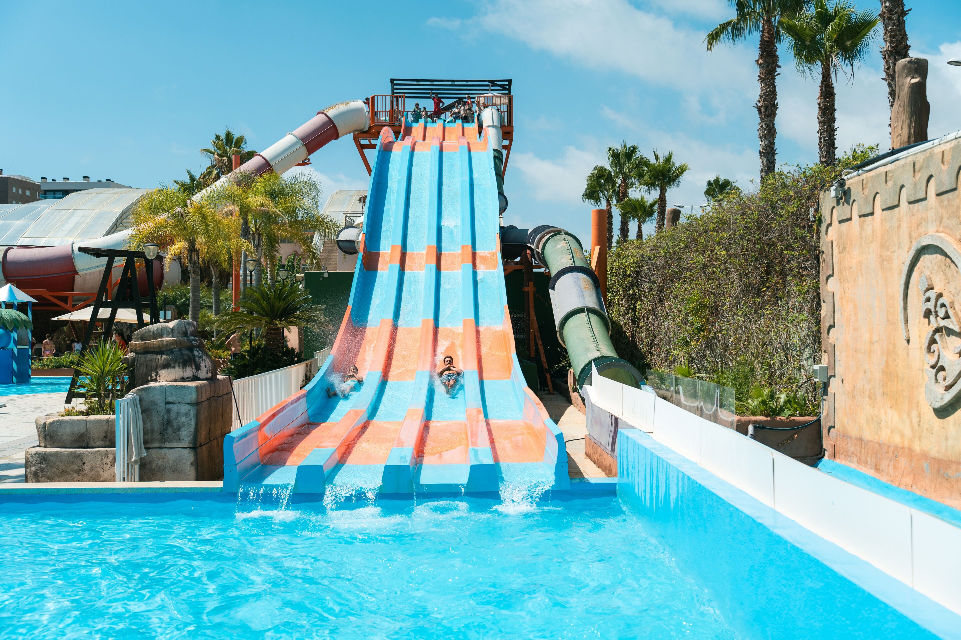 Um toboágua com várias pistas, uma piscina e palmeiras ao fundo.