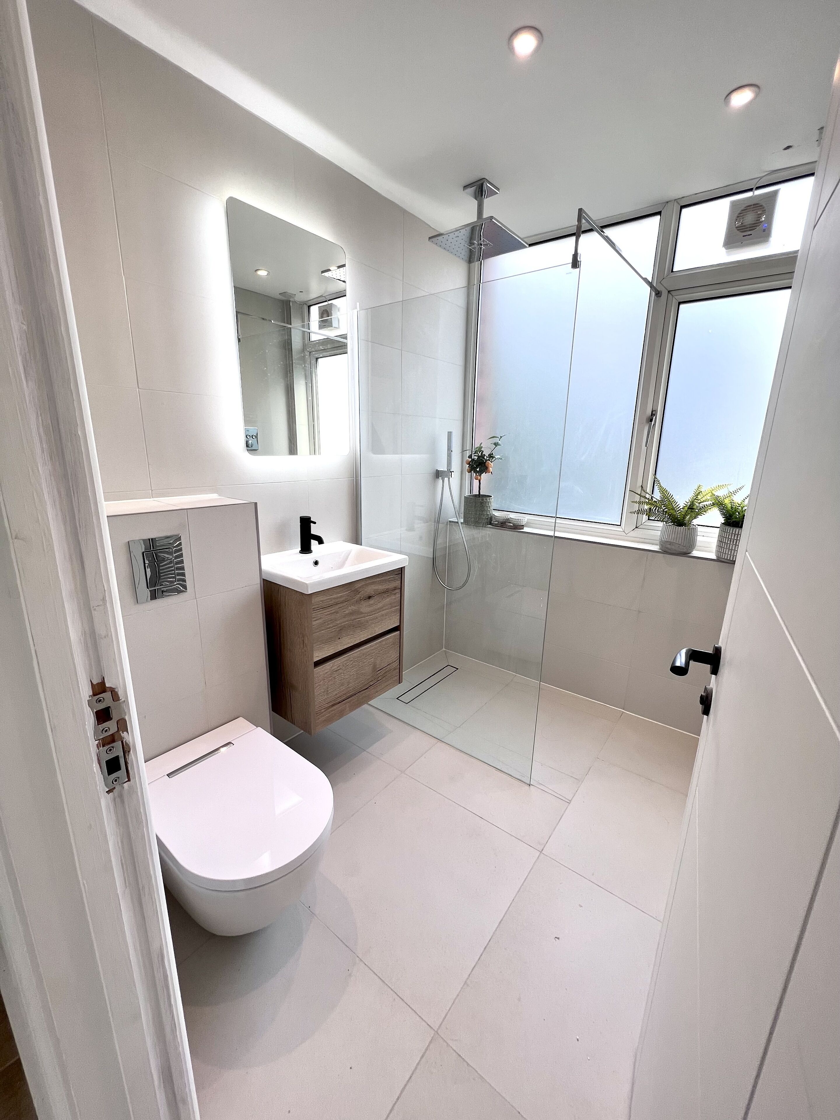 Shower, hair dryer, bidet, towels