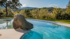 Ein Swimmingpool mit einem großen Felsen in der Mitte, umgeben von einer Rasenfläche und Bäumen.