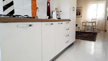 Fridge, stovetop, electric kettle, coffee grinder