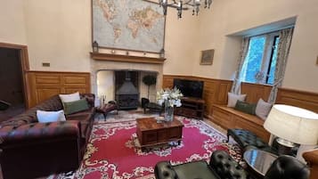 Smart TV, fireplace, DVD player, books