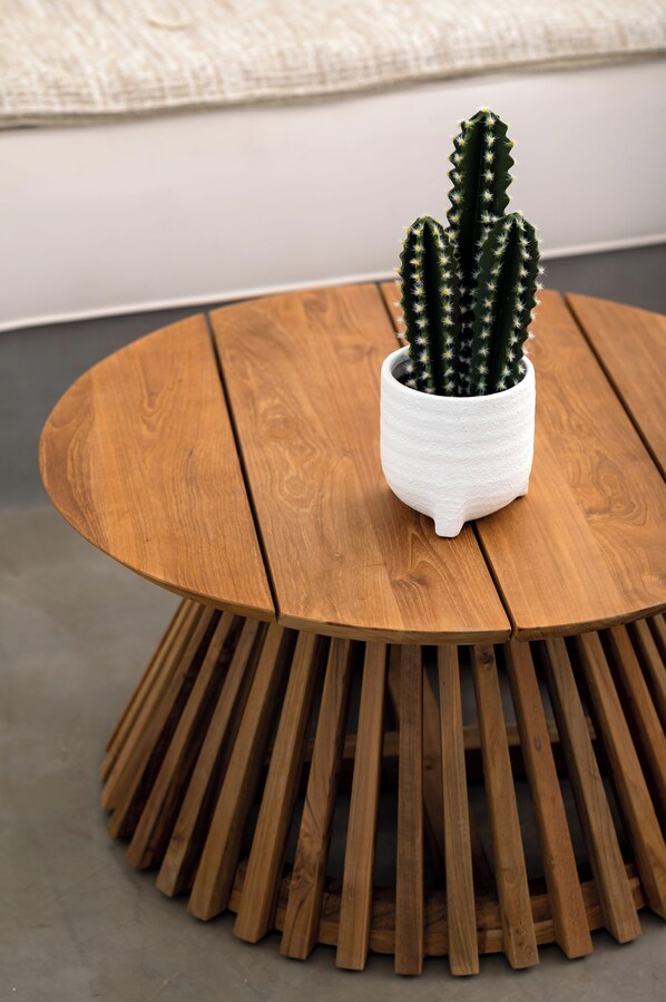 Una mesa redonda de madera con una maceta blanca que contiene un cactus.