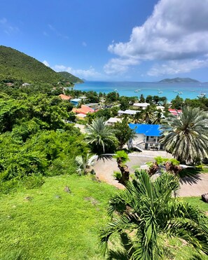 A coastal town with buildings, palm trees, and boats on the water. - Coconut Breeze Villas (Cane Garden Bay)