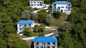 Un conjunto de edificios blancos con techos azules, rodeado de abundante vegetación y palmeras.