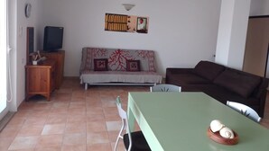 Un salon comprenant un canapé, un téléviseur, une table ornée de coquillages décoratifs et un climatiseur fixé au mur.