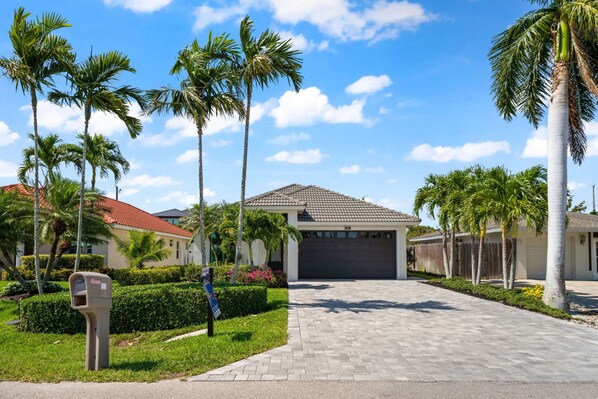 A residential street with houses, palm trees, a mailbox, and a paved driveway.