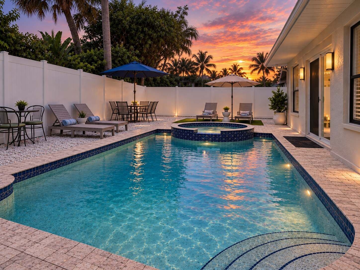 A swimming pool with a hot tub, surrounded by lounge chairs and umbrellas, set against a sunset sky.