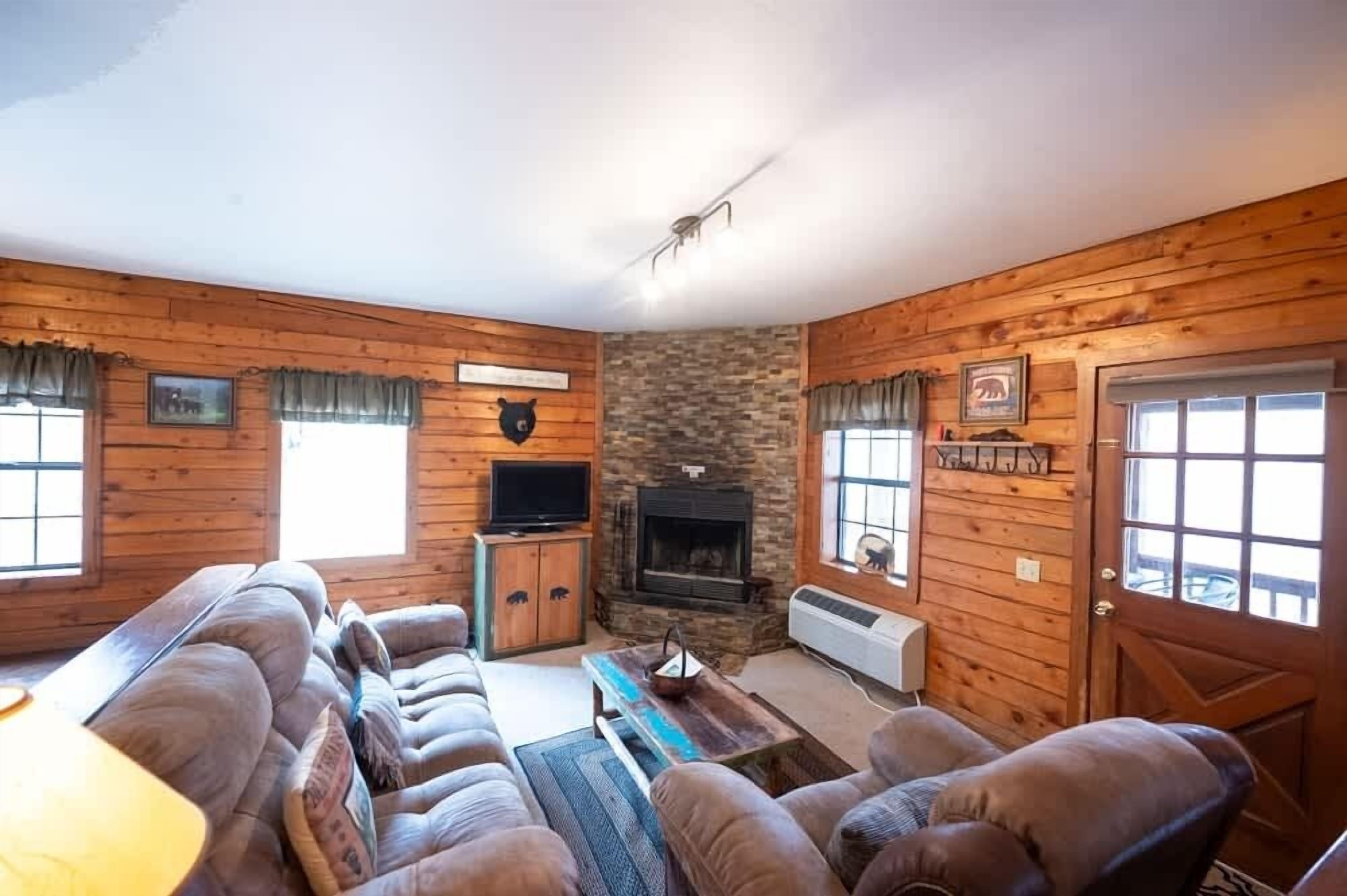 Televisión, chimenea, reproductor de DVD y oficina 