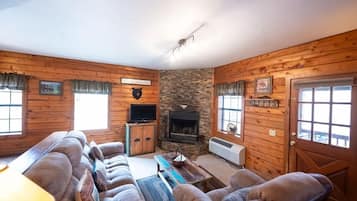 Televisión, chimenea, reproductor de DVD y oficina