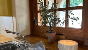 A kitchen with a wooden countertop, a potted plant, a candle holder, and a stainless steel sink.