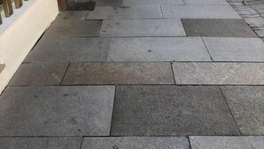 Un sendero pavimentado con losas de piedra rectangulares.