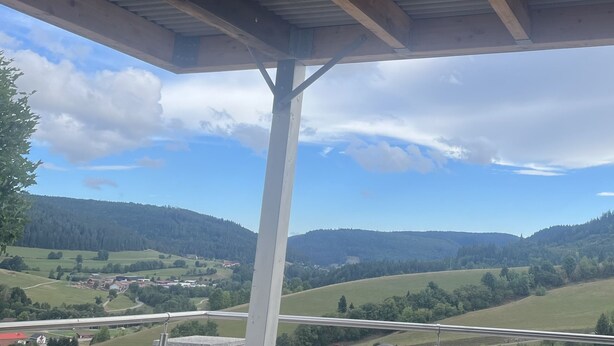 A view from a covered balcony overlooking a valley with a wooden structure, a road, and distant buildings. - 3 Zimmer Ferienwohnung, Schwarzwald, Nationalpark in der Nähe,haustierfreundlich (Baiersbronn)