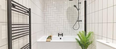 Shower, hair dryer, shampoo