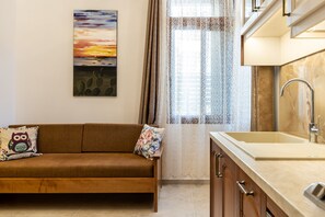 Studio Deluxe, 1 très grand lit et 1 canapé-lit, salle de bains privée | Cuisine privée | Grand réfrigérateur, four, plaque de cuisson, bouilloire électrique
