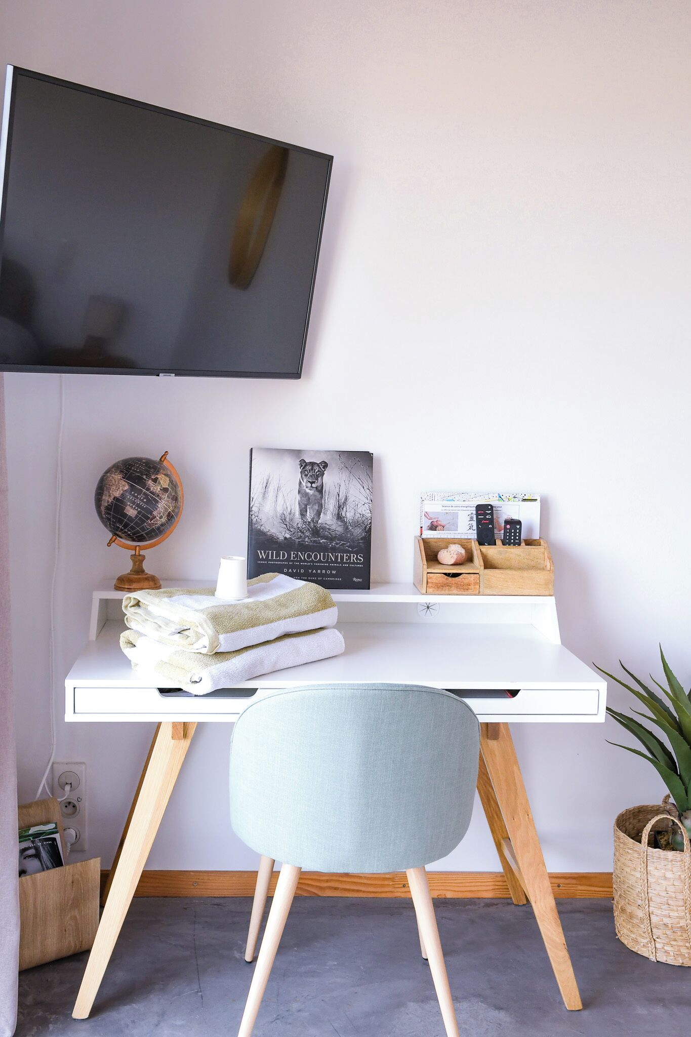 A neatly organized workspace with a white desk, a globe, a framed picture, and a plant.