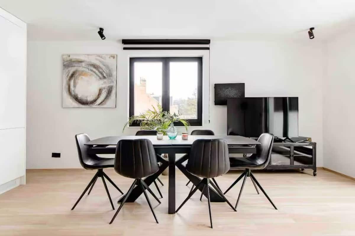 Un espace repas moderne avec une grande table et des chaises, une plante en pot et un téléviseur posé sur un meuble.