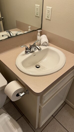 Hair dryer, towels, soap, toilet paper