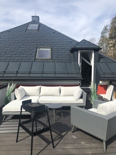 Moderne  Ferienwohnung Parkblick mit Dachterrasse , Kamin , 2 SZ, Whirlpoolwanne