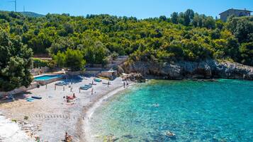 Private beach nearby, black sand, sun-loungers, beach umbrellas