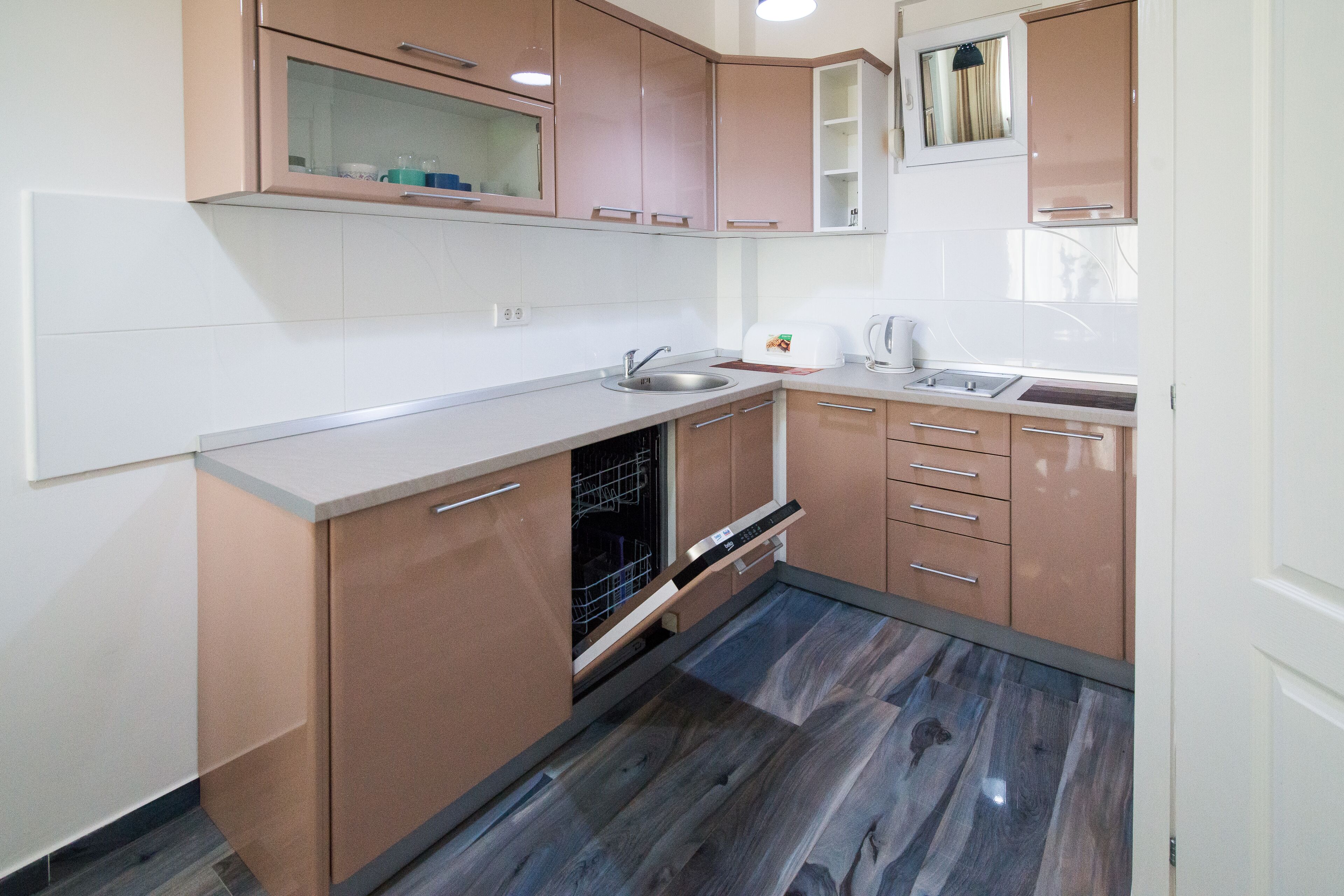 Cocina compacta con armarios de madera, lavavajillas y un lavabo.
