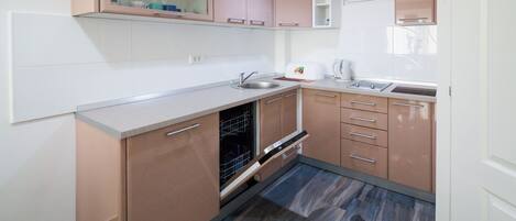 Cocina compacta con armarios de madera, lavavajillas y un lavabo.