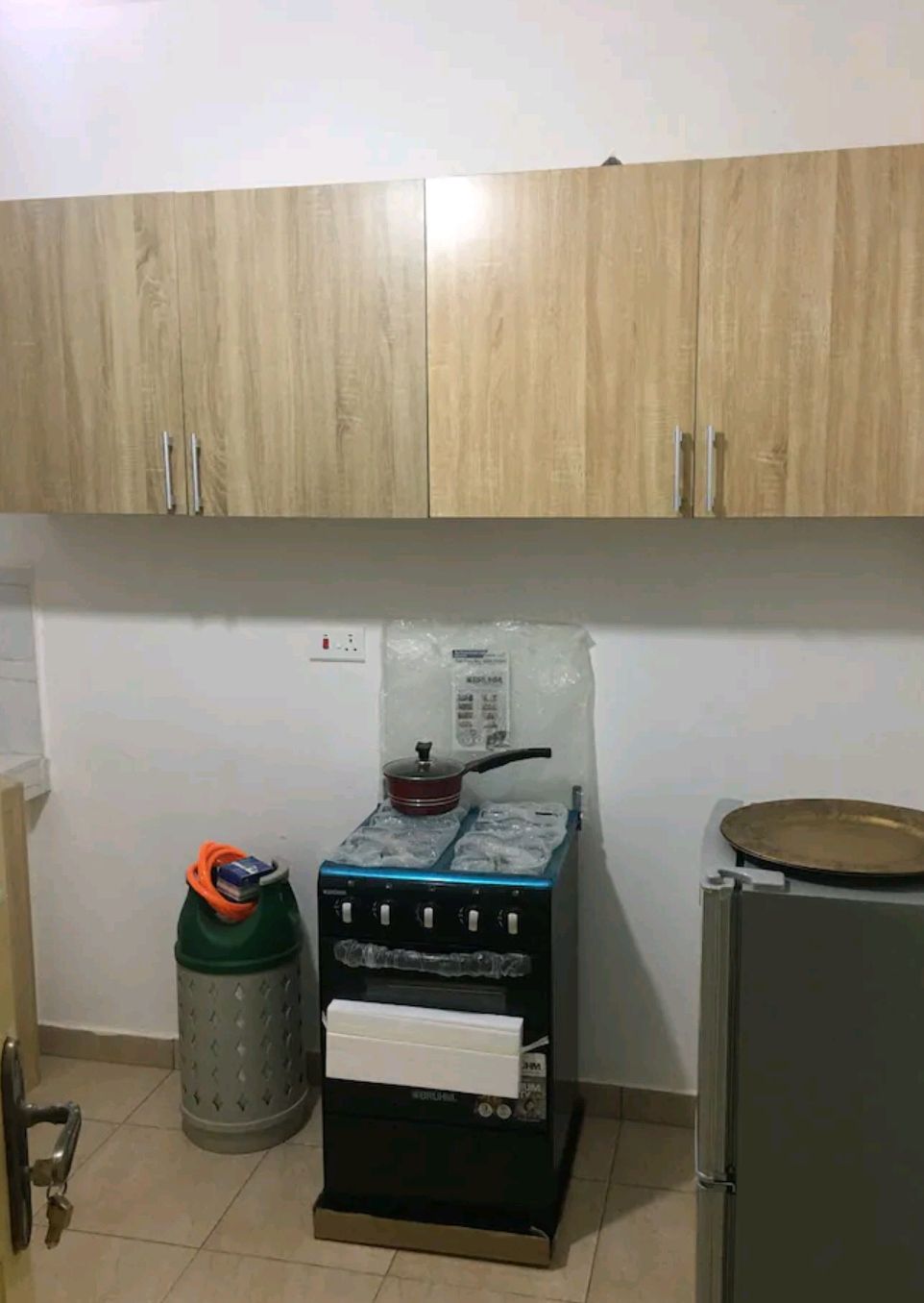 A kitchenette with a gas stove, a trash bin, and a refrigerator.