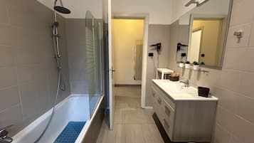 Hair dryer, bidet, towels, soap