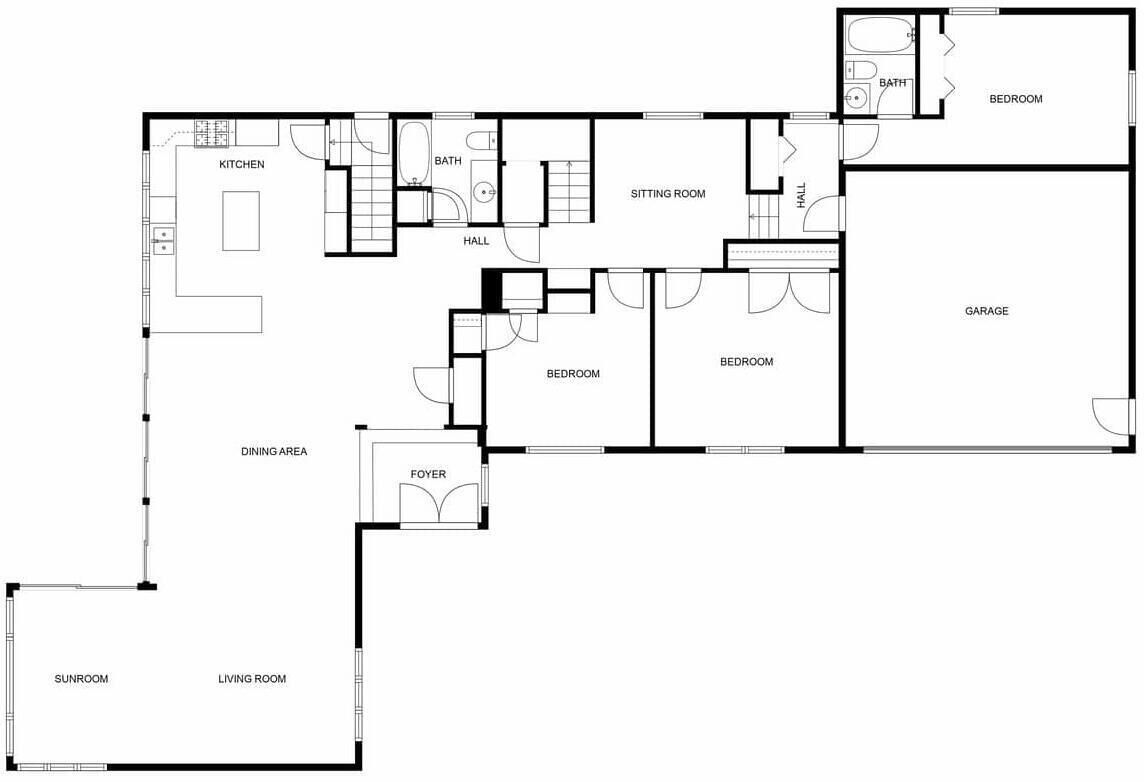 Plano de planta que muestra una cocina, comedor, sala de estar, dos dormitorios, un salón, un vestíbulo, un baño, un pasillo y un garaje.