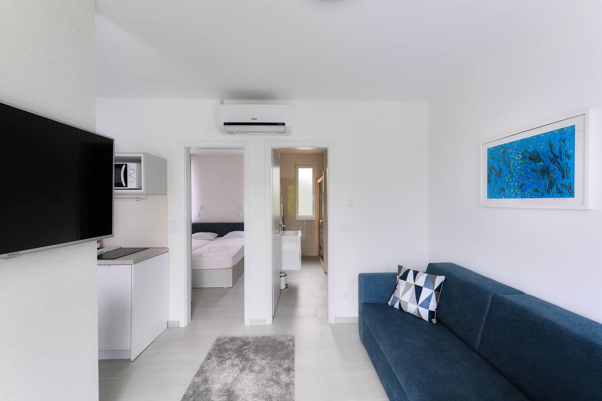 Um apartamento moderno com cozinha compacta, sala de estar com sofá azul, televisão e um quadro na parede.